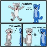  2020 3_panel_comic black_nose blue_body blue_ears blue_fur blue_hair blue_tail blush broitscody canid canine canis cody_(broitscody) comic dialogue duo ears_down floppy_ears fur grey_body grey_fur grey_hair grey_tail hair hi_res logan_(broitslogan) mammal monotone_ears monotone_hair multicolored_body multicolored_fur pivoted_ears simple_background speech_bubble tail two_tone_body two_tone_fur two_tone_tail watermark white_body white_ears white_fur white_tail wolf 