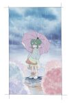  1girl blue_flower blush_stickers border closed_mouth double_bun dress flower full_body green_footwear green_hair hair_between_eyes hair_bun horns hydrangea kashima_miyako lidelle_(puyopuyo) outdoors pink_flower pointy_ears puddle purple_umbrella puyopuyo puyopuyo_fever rain short_hair solo standing storm sweater sweater_dress umbrella white_border wing_ornament 