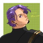 1boy black_shirt duryodhana_(fate) earrings facial_hair fate/grand_order fate_(series) fusso_oekaki goatee goatee_stubble hair_ornament hairclip highres jewelry looking_at_viewer looking_back male_focus mature_male purple_eyes purple_hair sash shirt short_hair shoulder_sash signature solo upper_body 