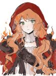  1girl bow cape closed_mouth cosplay erzheawa fire frown green_eyes hair_bow highres hood hood_up ishmael_(limbus_company) limbus_company long_hair looking_at_viewer orange_hair project_moon red_bow red_cape red_hood red_riding_hood_(sinoalice) red_riding_hood_(sinoalice)_(cosplay) simple_background sinoalice solo upper_body very_long_hair wavy_hair white_background 