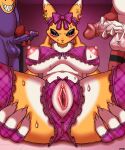  absurd_res anthro anus areola balls bandai_namco big_breasts black_sclera blush breasts canid canine claws daimo digimon digimon_(species) erection female fur genitals guilmon hi_res impmon male mammal nipples penis pussy red_body renamon spread_legs spreading white_body white_fur yellow_body 