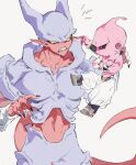  2boys akame_(chokydaum) belt black_sclera colored_sclera colored_skin dragon_ball dragon_ball_z fingernails grabbing_another&#039;s_ear hand_on_another&#039;s_ear highres janemba kid_buu looking_at_another majin_buu multiple_boys pink_skin pointy_ears red_skin sharp_fingernails simple_background tail teeth yellow_sclera 