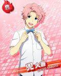  1boy ahoge blue_bow blue_bowtie blue_eyes bow bowtie breast_pocket character_name fingernails formal idolmaster idolmaster_side-m kabuto_daigo looking_at_viewer male_focus official_art pink_background pocket short_sleeves smile solo teeth upper_teeth_only 