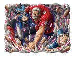  1boy 4boys beard black_headwear blank_eyes child facial_hair game_cg goggles goggles_on_headwear grey_hair hat missing_tooth monkey_d._garp monkey_d._luffy multiple_boys official_art one_piece one_piece_treasure_cruise open_mouth portgas_d._ace red_shirt sabo_(one_piece) shirt short_hair short_sleeves teeth top_hat 