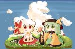  2girls absurdres ascot black_headwear blonde_hair blue_sky blush_stickers bright_pupils buttons chibi chinese_commentary cloud collared_shirt commentary_request day diamond_button dress fang flandre_scarlet flat_chest floral_print flower frilled_sleeves frills green_eyes green_skirt grey_hair hat hat_ribbon highres hzui komeiji_koishi long_sleeves medium_hair mob_cap multiple_girls no_sclera open_mouth outdoors puffy_short_sleeves puffy_sleeves red_dress red_eyes red_ribbon ribbon round_teeth shirt short_sleeves sitting skirt sky smile sunflower teeth touhou upper_teeth_only white_headwear white_pupils white_shirt wide_sleeves wings yellow_ascot yellow_ribbon yellow_shirt 