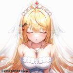  1girl ahoge bare_shoulders bat_hair_ornament blonde_hair breasts bridal_veil cleavage closed_eyes commentary dress hair_ornament hairclip highres hololive incoming_kiss jewelry large_breasts long_hair misyune necklace official_art parted_lips simple_background upper_body veil virtual_youtuber wedding_dress white_background white_dress yozora_mel 