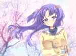  1girl arm_under_breasts blue_hair blurry blurry_background blush cherry_blossoms clannad closed_mouth commentary_request day floating_hair hair_bobbles hair_ornament highres hikarizaka_private_high_school_uniform holding holding_stuffed_toy ichinose_kotomi jacket long_hair long_sleeves looking_at_viewer outdoors parted_bangs purple_eyes sailor_collar school_uniform smile solo stuffed_animal stuffed_toy teddy_bear twitter_username two_side_up upper_body white_sailor_collar wind wind_lift yaki-ayato yellow_jacket 