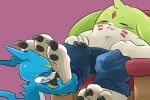  animated anthro bandai_namco blue_body blush bottomwear claws clothing denim denim_clothing digimon digimon_(species) duo foot_fetish foot_rub gargomon gigapawguin hi_res jeans long_ears male male/male pants short_playtime toe_claws veemon 