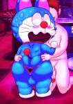  2022 anthro anus balls big_butt big_penis blue_body blue_ears blush blush_lines bodily_fluids brown_hair butt digital_media_(artwork) domestic_cat doraemon doraemon_(character) duo empty_eyes felid feline felis genitals grin hair hand_on_butt hand_on_chest hi_res inside kneeling machine male mammal multicolored_body nekoni nude penis rear_view red_nose red_tail robot smile spread_anus spread_butt spreading standing sweat tail teeth thick_thighs two_tone_body vein veiny_penis whiskers white_body 