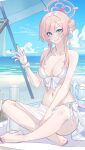  1girl bare_arms bare_shoulders barefoot beach beach_umbrella bikini blue_archive blue_eyes blue_sky breasts cleavage cloud commentary_request day echj hair_bun hand_up highres indian_style large_breasts long_hair looking_at_viewer mimori_(blue_archive) mimori_(swimsuit)_(blue_archive) nail_polish navel ocean pink_hair red_nails sarong sidelocks sitting sky smile solo stomach swimsuit toenail_polish toenails umbrella water white_bikini wrist_cuffs 
