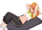  1girl abs absurdres arms_behind_head breasts cropped_shirt deccatezu etie_(fire_emblem) exercise fire_emblem fire_emblem_engage green_eyes highres long_hair lying navel on_back orange_hair pants short_sleeves small_breasts solo sweatpants 