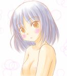  1girl alternate_hair_color amagami bare_shoulders bathing blue_hair blush bob_cut breasts brown_eyes bubble collarbone commentary completely_nude fuwafuwapopo head_tilt looking_at_viewer nipples nude parted_lips pastel_colors short_hair simple_background sketch small_breasts soap_bubbles solo tachibana_miya upper_body white_background 