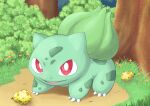  absurdres berry_(pokemon) bright_pupils bulbasaur bush claws commentary_request day fangs flower full_body grass highres no_humans open_mouth orange_flower outdoors pokemon pokemon_(creature) red_eyes sitrus_berry smile solo tree user_gkwp5877 white_pupils 