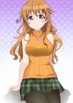  1girl ashley_graham ashley_graham_(cosplay) black_pantyhose breasts brown_hair cosplay gradient_background green_skirt highres kitou_akari konoe_kanata large_breasts long_hair looking_at_viewer love_live! love_live!_nijigasaki_high_school_idol_club orange_sweater pantyhose plaid plaid_skirt purple_background purple_eyes resident_evil resident_evil_4 resident_evil_4_(remake) signature sitting skirt sleeveless sleeveless_turtleneck solo sweater turtleneck voice_actor_connection zero-theme 