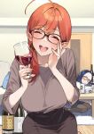  2girls 92m :d ^_^ absurdres alcohol black_skirt blue_hair blush bottle breasts brown_shirt closed_eyes commentary_request cup dateko drinking_glass drunk highres holding holding_cup indoors large_breasts looking_at_another mature_female multiple_girls open_mouth original raglan_sleeves red-framed_eyewear red_hair sanako_(92m) shirt skirt smile wine wine_bottle wine_glass 