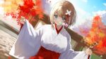  1girl absurdres aogiri_koukou autumn_leaves blue_eyes blurry blurry_background breasts cloud dango flower food food_in_mouth hair_flower hair_ornament hakama highres japanese_clothes kkix25 kurikoma_komaru light_brown_hair miko mitarashi_dango red_hakama sanshoku_dango short_hair signature sky solo upper_body virtual_youtuber wagashi white_flower wide_sleeves 