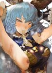  1girl absurdres animal_ears armpits arms_up blue_hair blush breasts commentary_request condom erune ferry_(granblue_fantasy) granblue_fantasy hero_neisan highres long_hair looking_at_viewer medium_breasts mouth_hold nipples presenting_armpit sleeveless solo stray_pubic_hair sweat upper_body used_condom wavy_hair yellow_eyes 