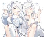  2girls :o absurdres animal_ear_fluff animal_ears bare_shoulders blunt_bangs braid breasts cleavage closed_eyes closed_mouth commentary_request dress fox_shadow_puppet fur-trimmed_sleeves fur_trim grey_hair hair_ornament hands_up highres knees_up long_hair long_sleeves medium_breasts mole mole_on_breast multiple_girls notice_lines open_mouth original puffy_long_sleeves puffy_sleeves purple_eyes signature simple_background single_thighhigh sleeveless sleeveless_dress smile sofra tail teeth thighhighs twitter_username upper_teeth_only very_long_hair white_background white_dress white_thighhighs 