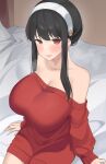  1girl absurdres arm_support bare_shoulders black_hair breasts byeon_dha commentary hairband highres huge_breasts indoors long_hair long_sleeves off-shoulder_sweater off_shoulder pink_lips red_eyes red_sweater sidelocks sitting solo spy_x_family sweater white_hairband yor_briar 