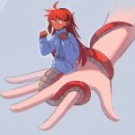  1girl absurdres ahoge blue_scarf blue_sweater clenched_hands coiled colored_skin fang hands_up highres lamia mini_person minigirl monster_girl nradiowave original pointy_ears red_hair red_scales red_skin scales scarf sweater 