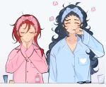  2girls absurdres aoba_tsumugi blue_hair blue_pajamas breasts brushing_teeth cleavage ensemble_stars! genderswap genderswap_(mtf) grey_background highres long_hair lummy_yummy multicolored_background multiple_girls pajamas pink_pajamas red_hair sakasaki_natsume short_hair_with_long_locks sketch unworn_eyewear wavy_hair white_hair 