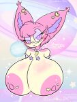  anthro big_breasts bodily_fluids breast_milking breasts collar english_text eyewear female generation_3_pokemon glasses hair hi_res huge_breasts lactating lewdchuu_(artist) nintendo nipple_piercing nipples piercing pink_hair pink_nipples pokemon pokemon_(species) purple_eyes skitty solo star text yellow_body 