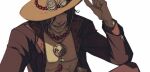  1boy artist_name bead_necklace beads black_hair brown_jacket cowboy_hat cross freckles hand_on_headwear hat jacket jewelry long_sleeves looking_at_viewer male_focus necklace non-web_source one_eye_covered one_piece open_clothes open_jacket pectorals portgas_d._ace short_hair sid_(skxviii) smile solo upper_body 