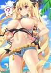  1girl ? anne_bonny_(fate) anne_bonny_(swimsuit_archer)_(fate) anne_bonny_(swimsuit_archer)_(first_ascension)_(fate) bare_shoulders beach belly_chain bikini black_bikini black_headwear blonde_hair blue_shorts blue_sky blush breasts breasts_out collar cuffs denim denim_shorts fate/grand_order fate_(series) hat highres jewelry large_breasts long_hair looking_at_viewer metal_collar navel nipples open_fly pirate_hat red_eyes shore short_shorts shorts sky smile solo swimsuit thighs two_side_up xiafuizui 