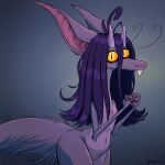  2022 amy_(vikri) anthro big_ears featureless_chest featureless_crotch female flat_chested fur gradient_background grey_background hair hi_res horn long_hair looking_at_viewer mammal navel nude out-of-placers portrait purple_body purple_fur purple_hair simple_background snaggle_tooth solo standing three-quarter_portrait vikriviri webcomic yellow_sclera yinglet 