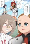  4girls ahoge aqua_eyes asticassia_school_uniform bandaid bandaid_on_face black_hair blue_sky blush braid brown_hair buntaichou cloud cloudy_sky commentary_request crossover do_it_yourself!! embarrassed fat grey_hair gundam gundam_suisei_no_majo highres holding ichinose_kana inagaki_konomi lilique_kadoka_lipati long_hair low_ponytail multiple_girls orange_eyes red_eyes red_hair school_uniform short_hair sky speech_bubble suletta_mercury suride_miku translation_request twin_braids twitter_username voice_actor_connection yua_serufu 