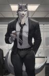  anthro bottomwear bulge business_suit canid canine clothed clothing fur grey_body grey_fur hi_res looking_at_viewer male mammal multicolored_body multicolored_fur necktie sleepymute solo standing suit topwear two_tone_body two_tone_fur white_body white_fur yellow_eyes 