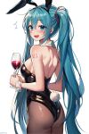  1girl animal_ears aqua_hair ass back bare_shoulders black_leotard blue_eyes blush breasts commentary_request cowboy_shot cup detached_collar drinking_glass drooling fake_animal_ears fake_tail from_behind hair_between_eyes hair_ornament hannahkwok4 hatsune_miku highres holding holding_cup leotard long_hair looking_back medium_breasts number_tattoo open_mouth pantyhose playboy_bunny rabbit_ears rabbit_tail shoulder_tattoo solo sweatdrop tail tattoo twintails very_long_hair vocaloid white_background wrist_cuffs 