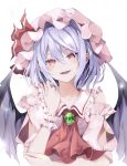  1girl :d adapted_costume arm_under_breasts ascot bare_shoulders bat_wings blue_hair brooch flat_chest frilled_shirt_collar frills glint hair_between_eyes hand_up hat head_tilt highres hyurasan jewelry looking_at_viewer mob_cap open_mouth pink_eyes red_ascot remilia_scarlet simple_background smile solo teeth touhou upper_body white_background wings 