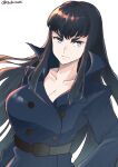  artist_name belt black_hair blue_eyes breasts chikoinochi cleavage double-breasted_coat highres hime_cut kill_la_kill kiryuuin_satsuki looking_to_the_side signature solo_focus thick_eyebrows trench_coat 
