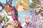  1boy award_ribbon berry bishounen black_shirt blonde_hair bob_cut buttons eyelashes fingernails green_eyes grin happy_birthday highres jacket kujiraoka long_sleeves looking_at_viewer male_focus red_sash ribbon rook_hunt sash shirt smile solo sparkle twisted_wonderland upper_body white_jacket 