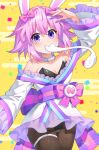  1girl animal_ears binato_lulu black_pantyhose blush breasts choker egasumi hair_between_eyes hair_ornament highres japanese_clothes kimono looking_at_viewer neptune_(neptune_series) neptune_(series) pantyhose pink_hair purple_eyes purple_hair purple_skirt rabbit_ears short_hair skirt small_breasts solo white_choker 