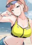  1girl absurdres arisugawa_natsuha bare_shoulders beach black_eyes blue_sky blush breasts cleavage cloud collarbone commentary_request crop_top day earrings highres idolmaster idolmaster_shiny_colors jewelry looking_at_viewer midriff navel ocean orange_hair outdoors sand shore sky smile solo sports_bra sports_sunglasses sportswear sweat sweatdrop swept_bangs two-tone_sports_bra unu_(unucence) water yellow_sports_bra 