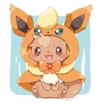  :3 artist_name blush_stickers bow brown_eyes capelet cosplay eevee flareon flareon_(cosplay) full_body hand_on_own_stomach highres hood hooded_capelet kana_(maple926) looking_at_viewer open_mouth orange_bow pokemon pokemon_(creature) sitting smile solo twitter_username 
