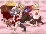  2girls air_(alanais) back_bow bare_shoulders bat_wings black_thighhighs blonde_hair blue_hair blush bow breasts cake chocolate chocolate_on_body chocolate_on_breasts chocolate_on_clothes chocolate_on_face chocolate_on_foot chocolate_on_hand chocolate_on_legs collarbone crystal doughnut finger_to_mouth flandre_scarlet food food_focus food_on_body food_on_face food_on_hand hair_between_eyes hat hat_ribbon looking_at_viewer medium_hair mob_cap muffin multicolored_wings multiple_girls nail_polish no_shoes no_socks one_side_up pink_background red_bow red_eyes red_nails red_ribbon remilia_scarlet ribbon siblings sisters small_breasts soles strawberry_cake thighhighs tongue tongue_out touhou valentine whipped_cream white_headwear wings wrist_cuffs 