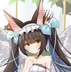  1girl absurdres angel_wings animal_ears azur_lane bare_shoulders blue_ribbon brown_hair closed_mouth crown fox_ears fox_girl hair_ribbon highres long_hair nagato_(azur_lane) nagato_(guardian_fox&#039;s_procession)_(azur_lane) orange_eyes ribbon shi_yao sidelocks twintails wings 