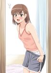  ^^^ bare_shoulders bed bedroom blush bob_cut breasts brown_eyes brown_hair camisole cleavage clothes_pull collarbone commentary cowboy_shot curtains dolphin_shorts doorway embarrassed from_side grey_shorts hair_between_eyes highres hiyama_izumi_(wttdh) leaning_forward looking_at_viewer looking_to_the_side midriff_peek misaka_mikoto open_mouth panties pink_camisole print_panties pulled_by_self short_hair short_shorts shorts shorts_pull small_breasts surprised sweatdrop teeth toaru_kagaku_no_railgun toaru_majutsu_no_index underwear undressing upper_teeth_only white_panties wide-eyed 