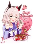  1girl :d ^_^ animal_ears black_hairband blue_shirt blush bow breasts brown_hair closed_eyes commentary_request curren_chan_(umamusume) ear_bow food food_request fruit goom_(goomyparty) hair_between_eyes hairband halftone halftone_background hands_up happy_valentine heart highres horse_ears long_sleeves medium_breasts plate puffy_long_sleeves puffy_sleeves raspberry red_bow school_uniform shirt simple_background smile solo tracen_school_uniform twitter_username umamusume white_background white_bow 