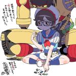  1girl a107 atom:_the_beginning black_hair brown_eyes cat closed_mouth glasses hat ochanomizu_ran official_art ribbon robot sailor_collar school_uniform shoes short_hair simple_background skirt socks tire white_background yoshizaki_mine 