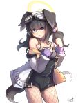  1girl animal_ears black_hair black_shorts blue_archive blueflycat collar dog_ears dog_girl dog_tags dog_tail eyewear_on_head fishnet_pantyhose fishnets goggles goggles_on_head halo hands_up hibiki_(blue_archive) highres jacket looking_at_viewer open_mouth pantyhose purple_eyes shorts solo tail white_jacket yellow_halo 