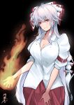  1girl absurdres artist_name blush bow breasts cleavage closed_mouth collarbone collared_shirt cowboy_shot fujiwara_no_mokou hair_between_eyes hair_bow highres large_breasts long_hair looking_at_viewer pants red_eyes red_pants shirt short_sleeves signature sleeve_garter solo touhou white_bow white_hair white_shirt yagoro_kusuriya 