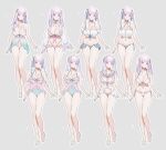  1girl alternate_costume azur_lane bikini blunt_bangs braid breasts cleavage collarbone highres large_breasts long_hair looking_at_viewer navel official_alternate_costume ohisashiburi pink_bikini plymouth_(azur_lane) plymouth_(heart-throbbing_refreshment)_(azur_lane) purple_eyes purple_hair simple_background solo_focus stomach swimsuit thighs twin_braids twintails white_bikini 