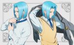  1boy artist_name blazer blue_hair blue_necktie dressing ferdinand_(honzuki_no_gekokujou) grey_jacket honzuki_no_gekokujou jacket kaze-hime light_blue_hair long_sleeves medium_hair multiple_views necktie shirt standing sweater_vest white_shirt yellow_eyes 