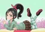  1girl absurdres black_hair candy candy_cane commentary feet_up food full_body green_eyes green_hoodie high_ponytail highres hood hoodie lolipop_(user_prtf2488) lying miniskirt on_stomach pleated_skirt ponytail raised_eyebrow shoes skirt solo star_(symbol) striped striped_thighhighs the_pose thighhighs vanellope_von_schweetz wreck-it_ralph 
