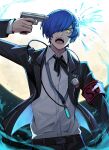  1boy alternate_eye_color armband blue_hair evoker gekkoukan_high_school_uniform headphones headphones_around_neck kuki_tan looking_at_viewer neck_ribbon open_mouth persona persona_3 ribbon s.e.e.s school_uniform solo sparks teeth upper_body upper_teeth_only white_background yellow_eyes yuuki_makoto 