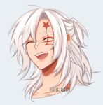  1boy aiphelix allen_walker d.gray-man facial_mark hair_between_eyes highres long_hair looking_at_viewer male_focus marking_on_cheek open_mouth simple_background smile upper_body white_background white_hair 